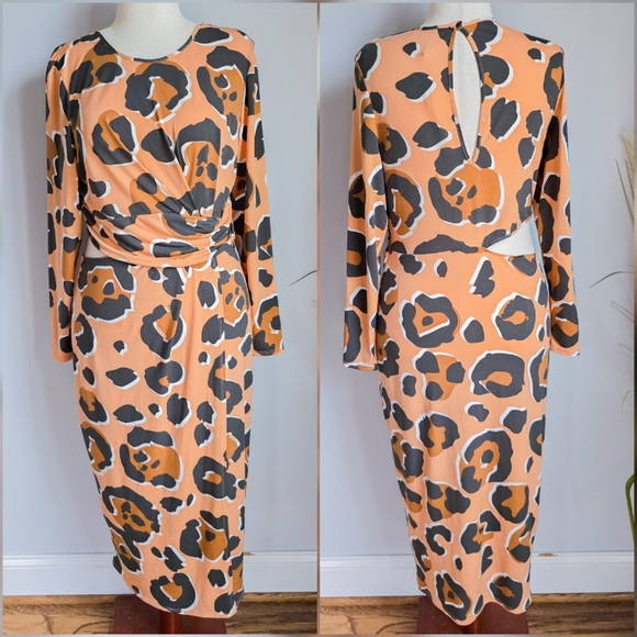 ASOS, New, Leopard Print Long Sleeve Cut Out Draped Ruched Maxi Dress Size 12 - Picture 1 of 12